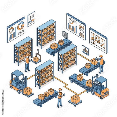 Workers operating industrial warehouse equipment.