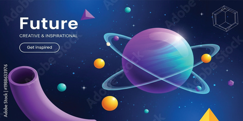 Futuristic outer space vector illustration featuring a colorful ringed planet, stars, and geometric shapes for creative web banners, landing pages, and inspirational digital media designs