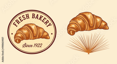 Vintage Bakery Illustration with Croissants and Wheat Stalks