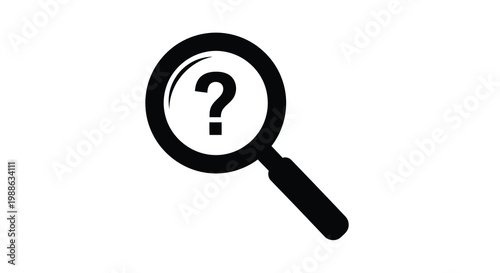 A black magnifying glass focuses on a centered black question mark within a white circle