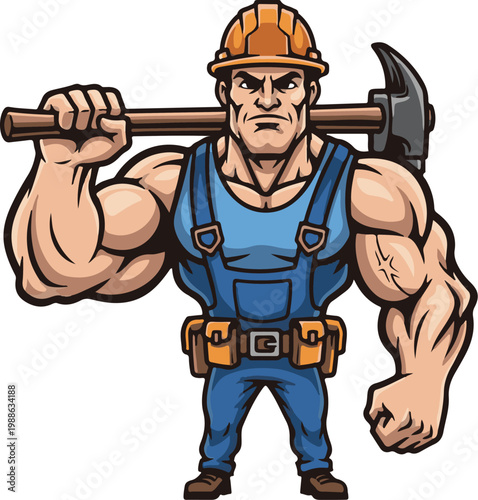 A muscular cartoon construction worker holding an axe over his shoulder