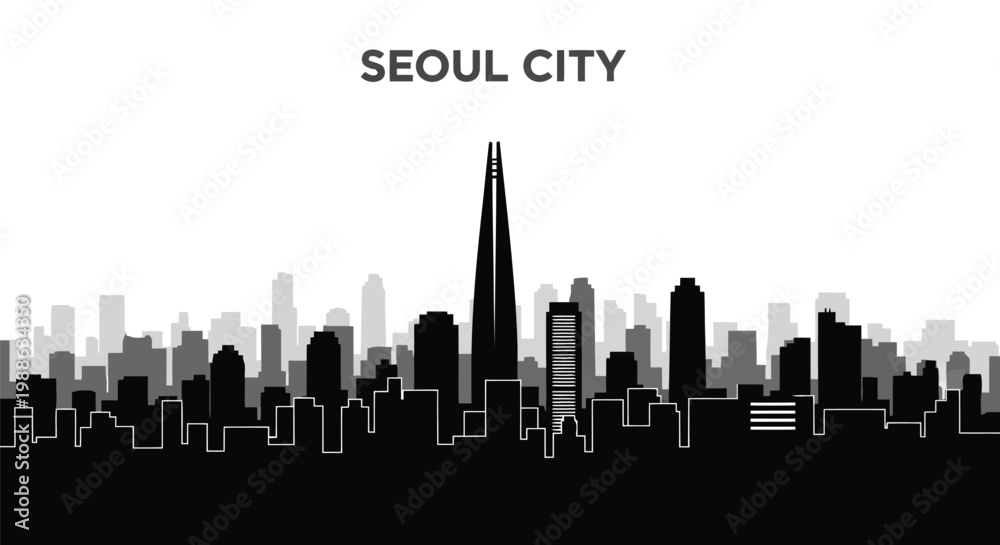 Obraz premium Minimalist black and white silhouette of Seoul city skyline featuring iconic Lotte World Tower