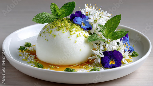 Lemon basil sorbet plated with citrus zest powder and microgreens garnish