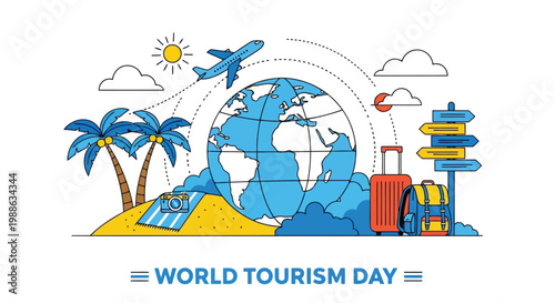 World tourism day travel elements with globe and palm trees flat design vector illustration