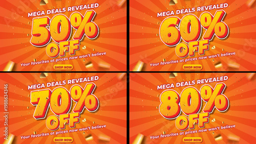 Mega deals revealed: 50% to 80% off sale advertisements with discount advertising promotion marketing shopping commerce business percentage-reduction announcement typography template.