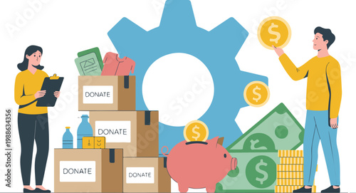 Flat design illustration of a charity donation center with volunteers, donation boxes, money, and a piggy bank for social responsibility concepts.