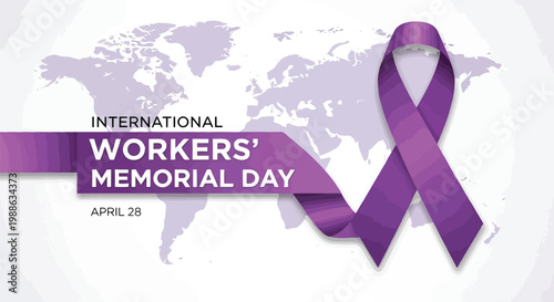 International workers memorial day banner with purple awareness ribbon on world map background