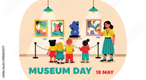 Museum day educational scene with children and guide looking at art gallery paintings vector