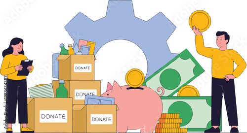 Flat design illustration of a charity donation center with volunteers, donation boxes, money, and a piggy bank for social responsibility concepts.