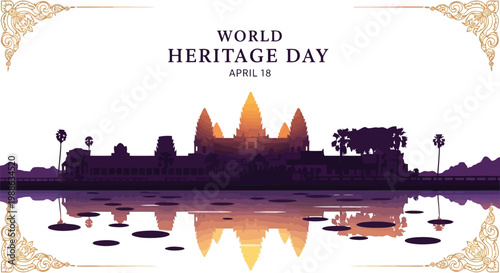 World heritage day silhouette of angkor wat temple with reflection and decorative gold corners
