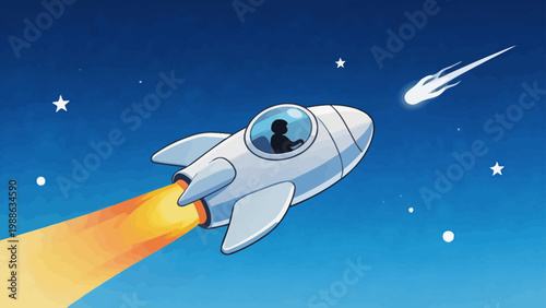 Rocket flying in space with astronaut