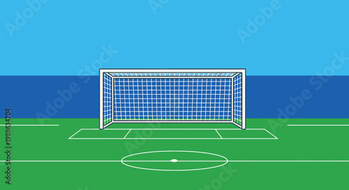 A vibrant cartoon illustration of an empty soccer goal on a green football pitch under a clear blue sky, ready for a match.