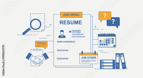 Illustration depicting the comprehensive job hiring and recruitment process, from resume submission and review to interviews, scheduling, and job offers.