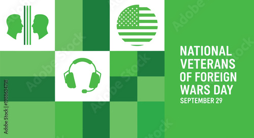 National veterans of foreign wars day graphic with headset and flag icon on green background
