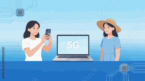 Two women with laptop and phone near 5G