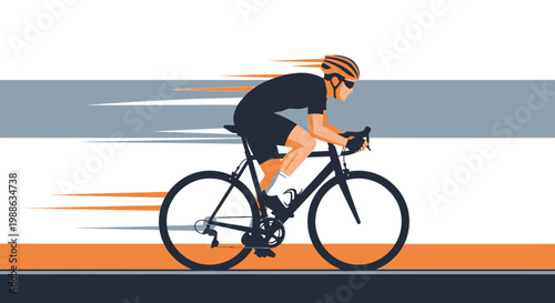 Dynamic illustration of a male cyclist in a racing position on a road bike, depicted with speed lines against a two-tone background.