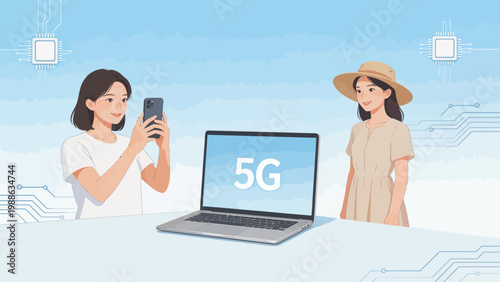 Two women with laptop and phone near 5G