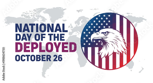 National day of the deployed graphic with bald eagle and american flag circle on map background