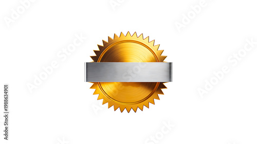 Golden premium badge with blank ribbon representing award quality certification and luxury branding