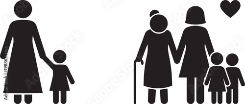 Family generation silhouettes set including grandmother mother and children holding hands representing love and care isolated on white background for social design.