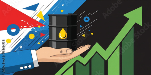 Rising Oil Price Concept with Hand Holding Barrel and Upward Arrow Market Growth Energy Economy Vector Illustration