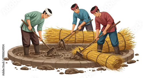 Asian farmers working in a mud field with traditional tools and straw