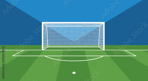 An empty soccer goal net stands on a green grass football pitch under a blue sky at an outdoor sports stadium