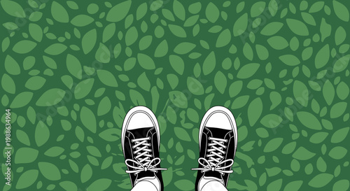 Vector illustration of a green abstract background featuring a pair of new fashion leather sneakers and sport running shoes isolated on white