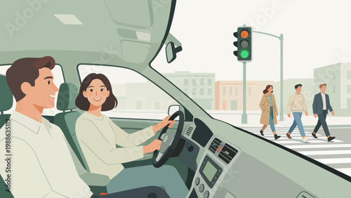 Couple driving car with pedestrians crossing