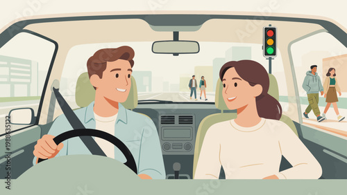 Couple driving car in city