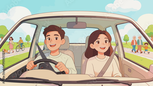 Couple driving car with pedestrians