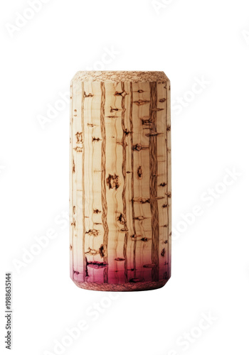a hyper-realistic macro photograph of a single oak cork wine stopper, highly textured, showing wine stain and compression marks, isolated on a transparent background. concept of luxury and quality