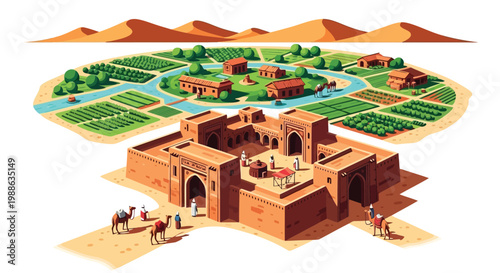Ancient desert settlement with oasis and irrigation canals isometric vector illustration