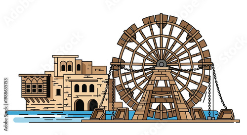 Traditional water wheel noria used for irrigation near historic buildings vector