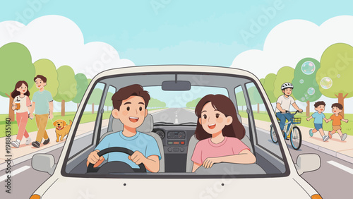 Couple driving car with pedestrians and cyclist