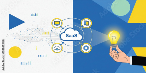 SaaS Technology Concept with Cloud Software Icons Circuit Network and Hand Holding Lightbulb Innovation Vector Illustration Design