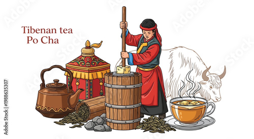 Tibetan butter tea preparation with traditional churn and yak illustration vector