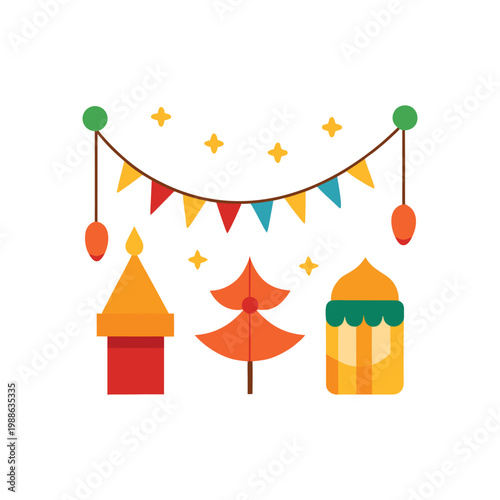 Festive flat garland, lanterns, tree, and building bunting flags string lights