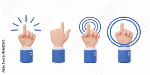 Set of four 3D cartoon hands in blue suit cuffs performing various clicking and touching gestures for user interface design and website navigation