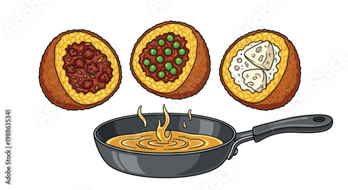 Arancini fried rice balls with three different fillings and frying pan illustration