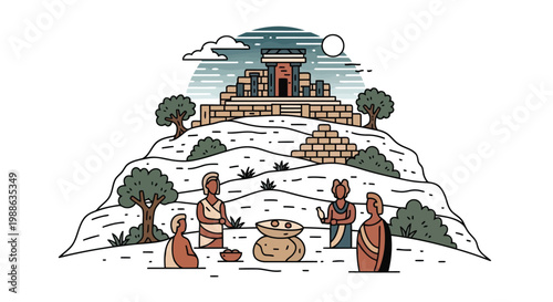 Ancient Mayan civilization temple scene with indigenous people preparing traditional food outdoors
