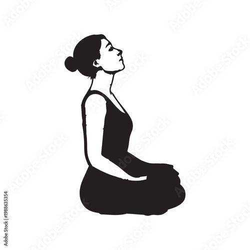 Silhouette of a woman meditating in a seated pose, looking upwards yoga