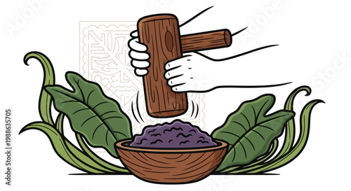 Hands using wooden mortar and pestle to grind purple taro root illustration