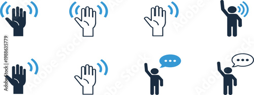 Sign Language Communication Icon Set with Waving Hands Speaking Figures Message Symbols Accessibility Vector Collection Design