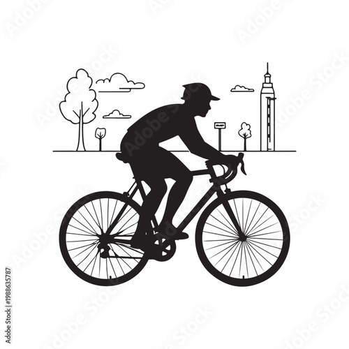 Silhouette of a cyclist on a road bike with a city skyline and trees in the background cycling