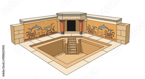 Isometric illustration of ancient Minoan palace courtyard with dolphin frescoes