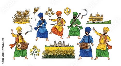 Sikh culture and Punjab farming elements with traditional dancers and temples in vector