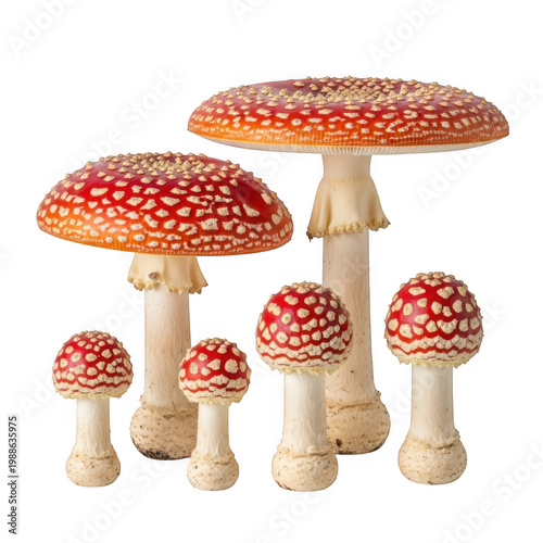Cluster of colorful red-spotted mushrooms growing in a natural setting isolated on transparent background