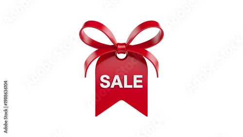 Sale tag with red ribbon bow representing discount offer and retail promotion concept