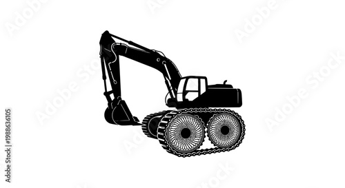 Black excavator silhouette on white background.
